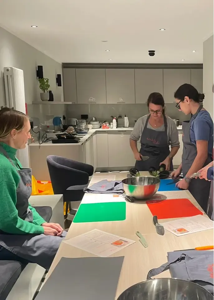 Cooking class in a modern kitchen.